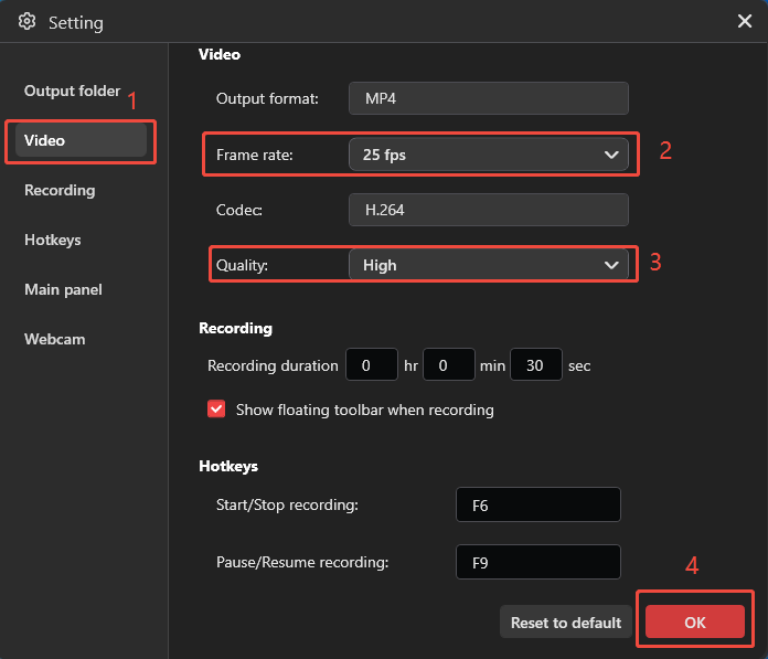 MiniTool Screen Recorder Setting interface showing how to configure the video recording settings.