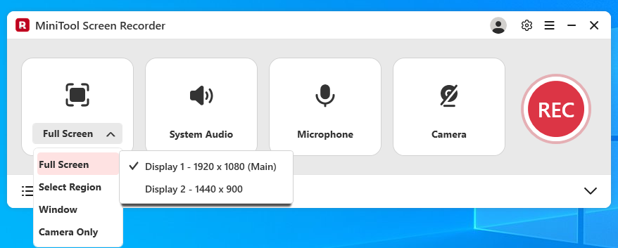 MiniTool Screen Recorder interface with the Full Screen option expanded and the Display 1 selected.