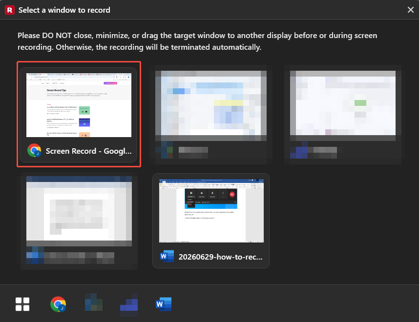 MiniTool Screen Recorder interface with a target window selected.