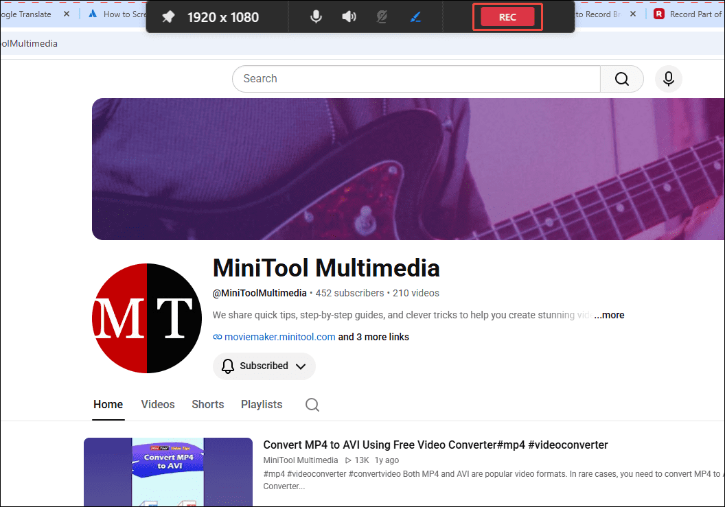MiniTool Screen Recorder interface with the REC button selected on the floating bar.