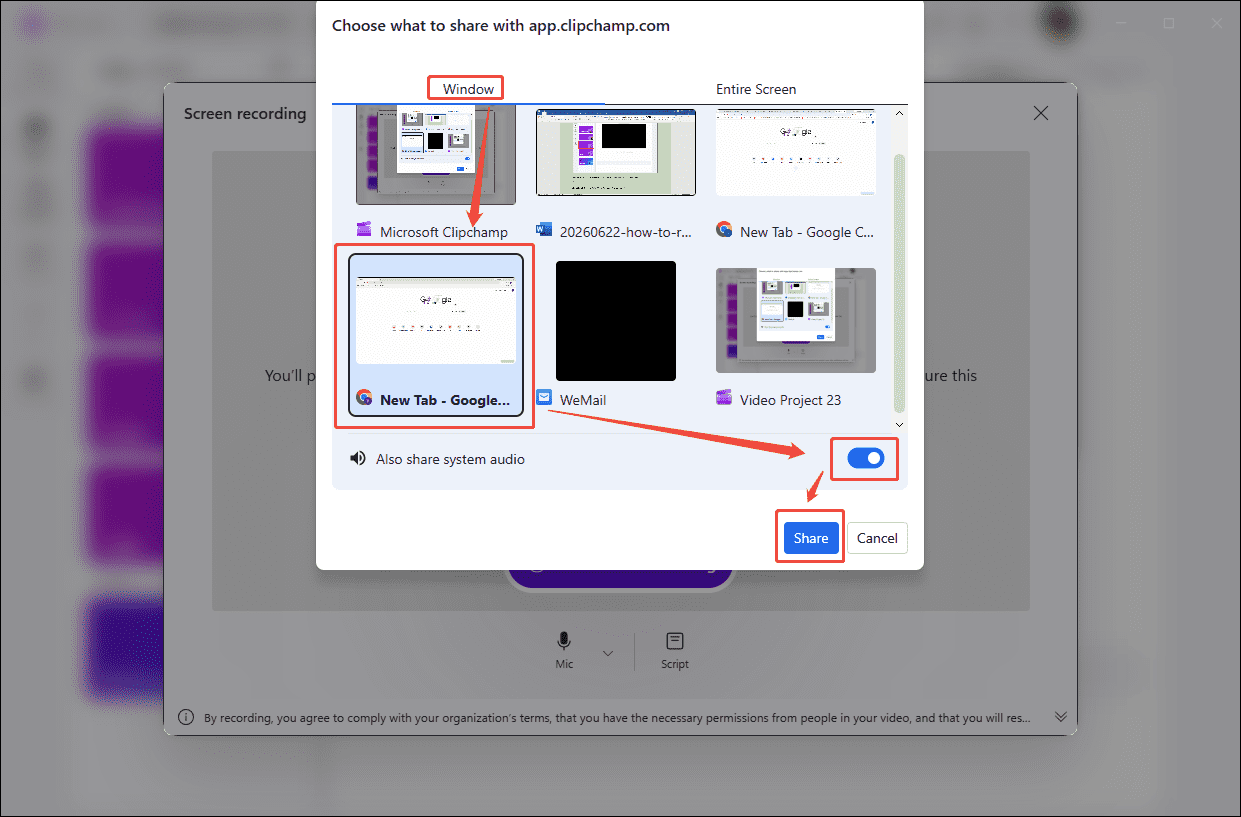 Microsoft Clipchamp interface showing how to enable the system audio recording feature and start recording the process.