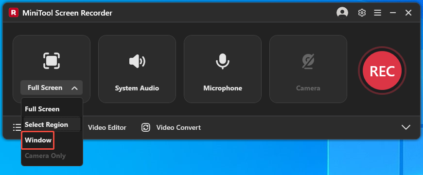 MiniTool Screen Recorder interface with the Full Screen option expanded and the Window option selected.