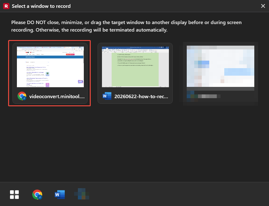 MiniTool Screen Recorder interface with a browser window selected.