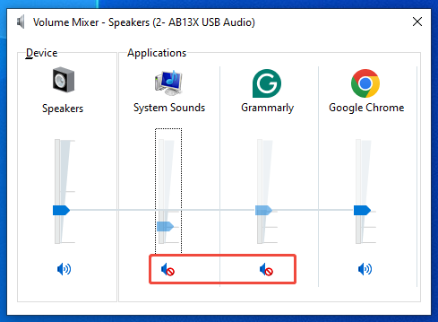 The Volume Mixer interface with the System Sounds volume and other applications audio disabled.