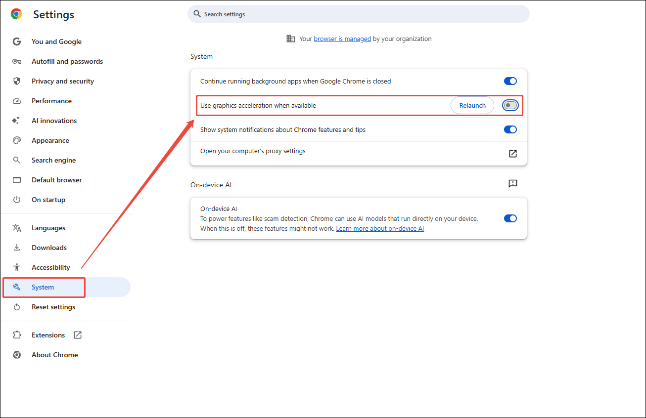 The Chrome Settings interface with the Use graphic acceleration when available option disabled under the System section.
