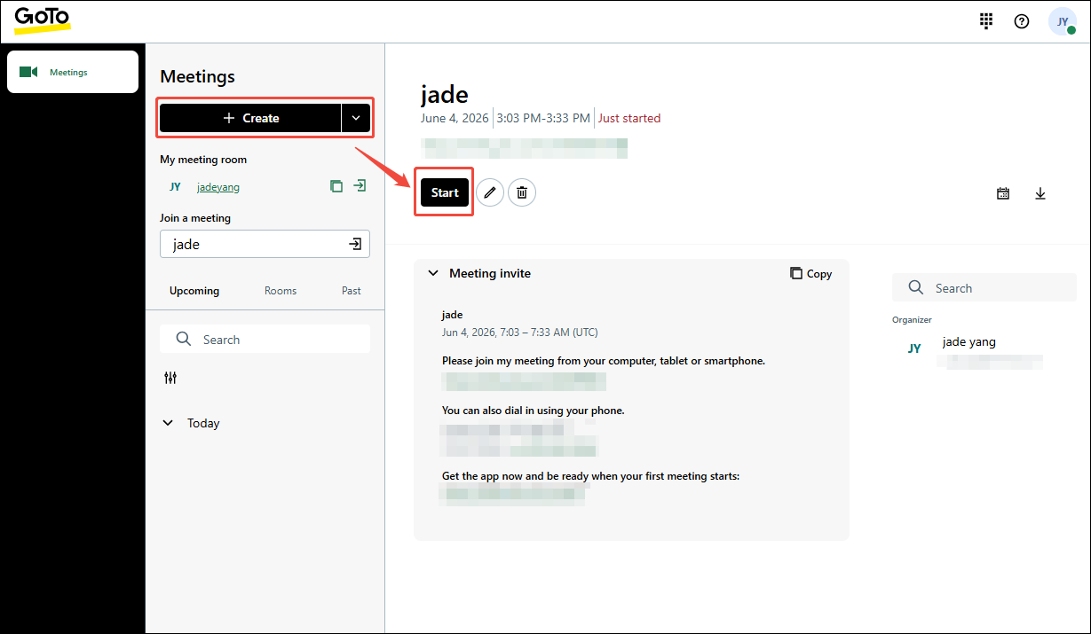 The GoToMeeting interface showing how to create and start a new meeting.