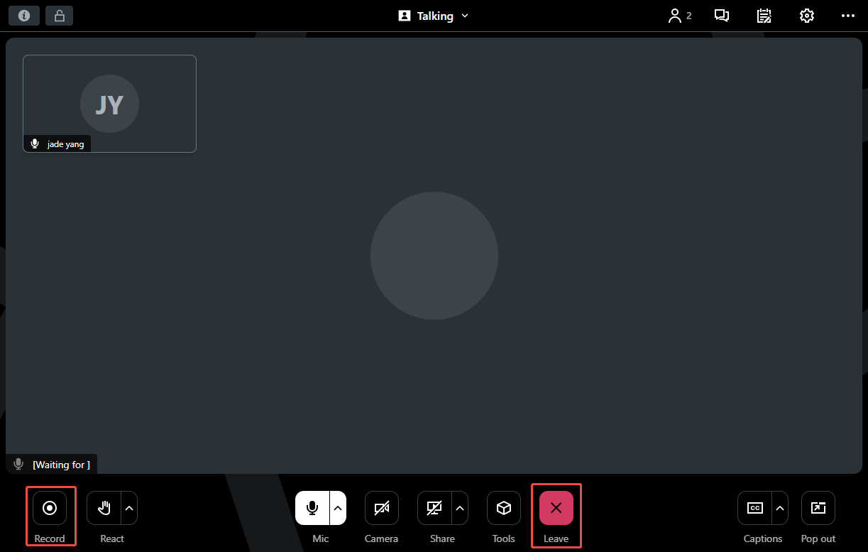 The GoToMeeting meeting room interface with the Record icon and the Leave icon selected.