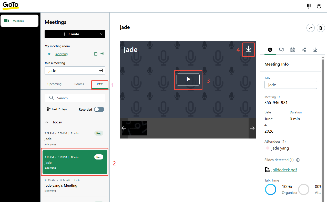 The GoToMeeting interface showing how to check and download the recorded meeting.