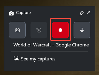 The Capture panel of the Xbox Game Bar with the Start recording icon selected.