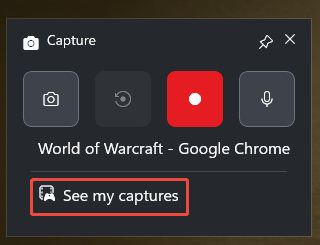 The Capture panel of the Xbox Game Bar with the See my captures option selected.