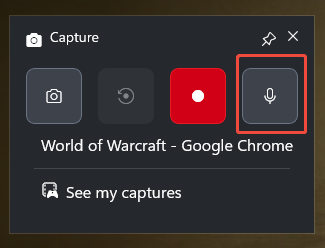 The Capture panel of the Xbox Game Bar with the Microphone icon selected.