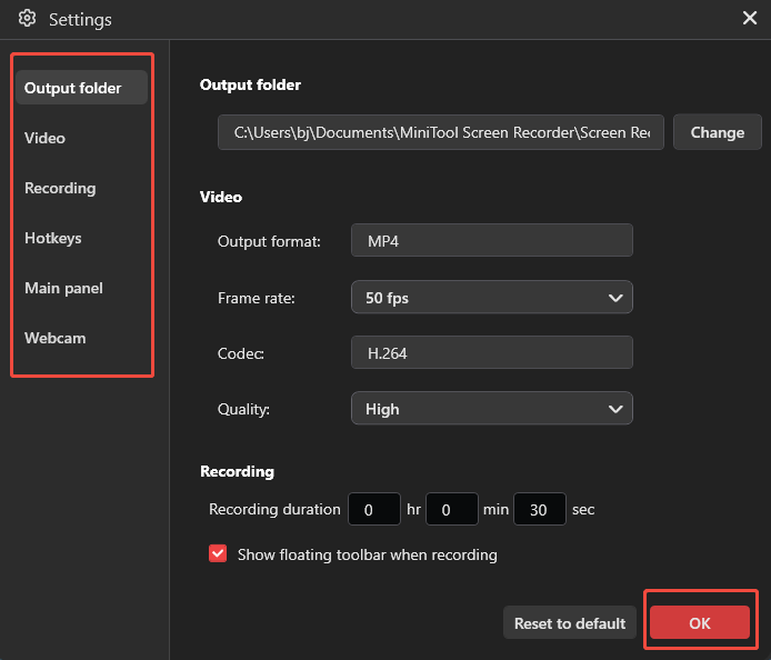 MiniTool Screen Recorder Settings interface showing how to configure the video recording settings.