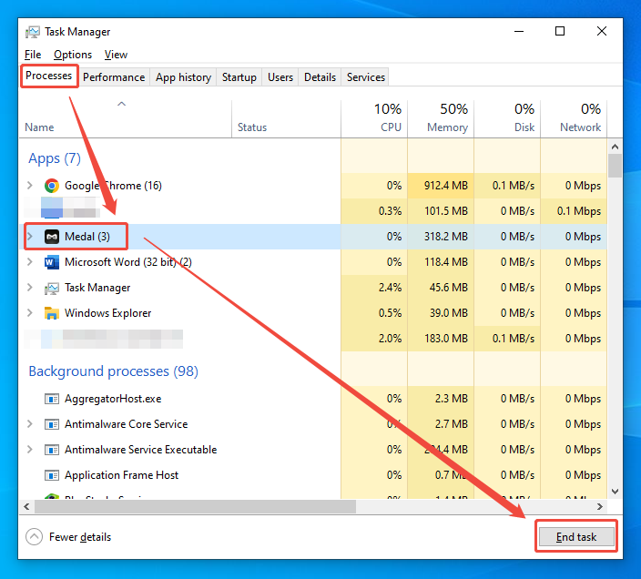 The Task Manager interface showing how to end the background process of Medal.