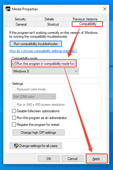 The Medal Properties interface showing how to enable the compatibility mode.