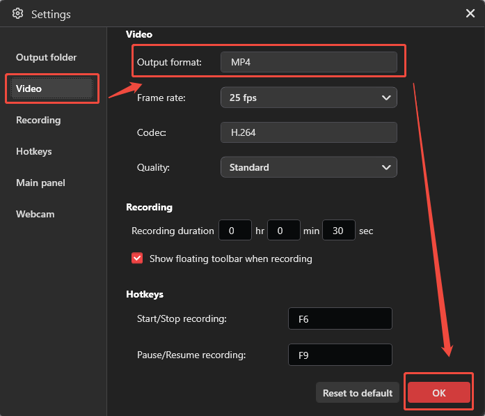 MiniTool Screen Recorder interface showing how to set the recording format.