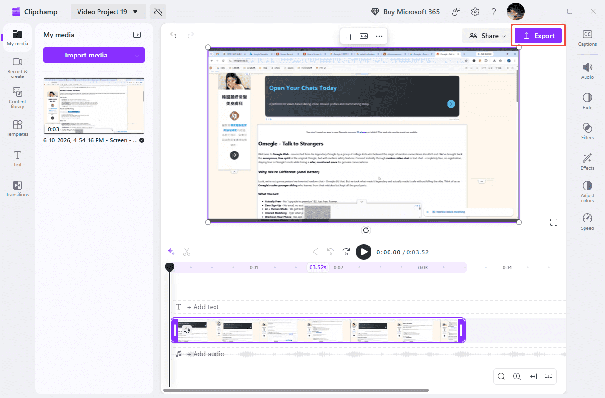 The Clipchamp record interface with the Export option selected.