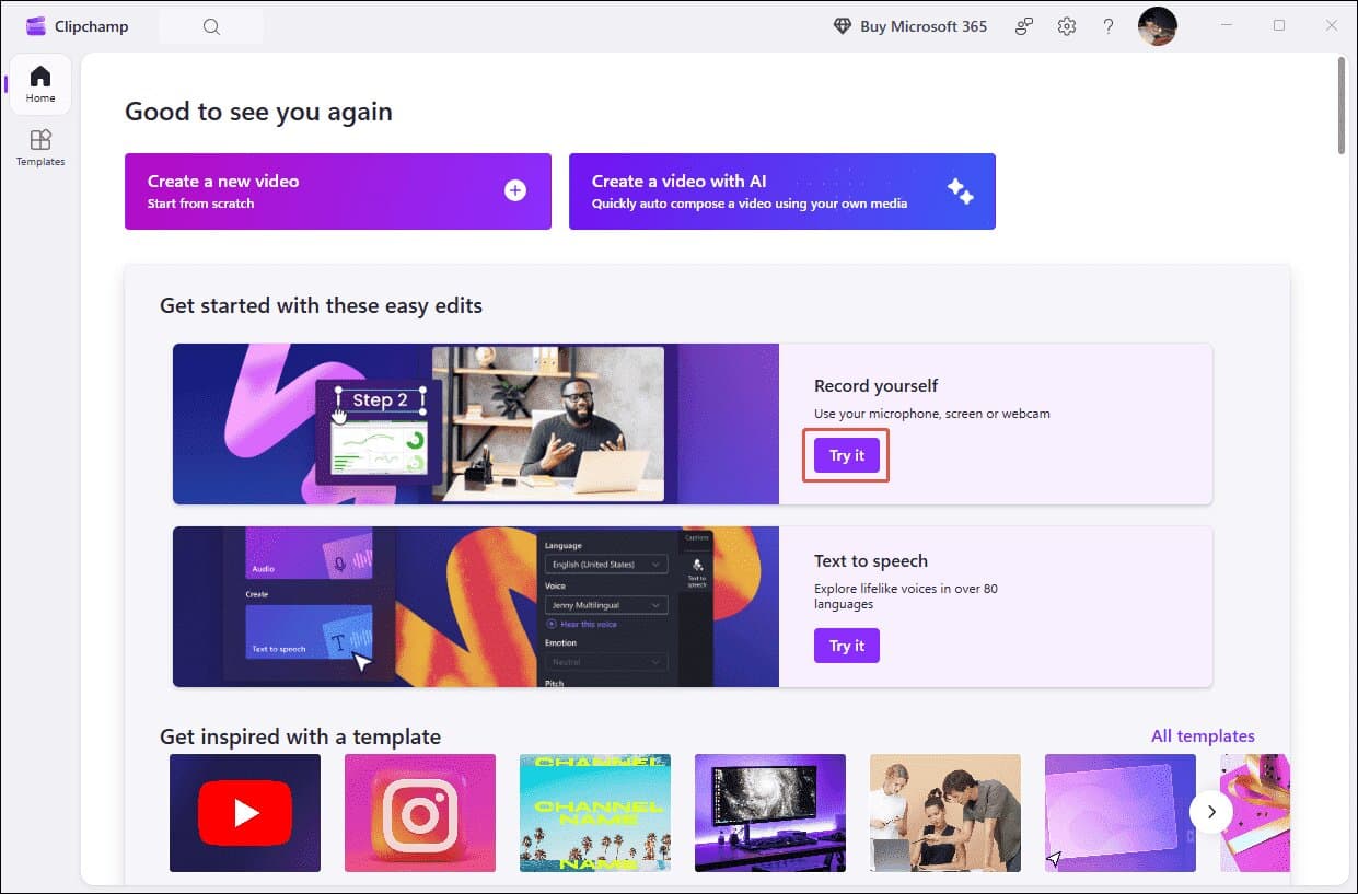 The Clipchamp interface with the Try it option selected within the Record yourself section.