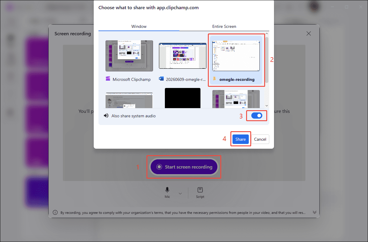 The Clipchamp record interface showing how to start the recording process.