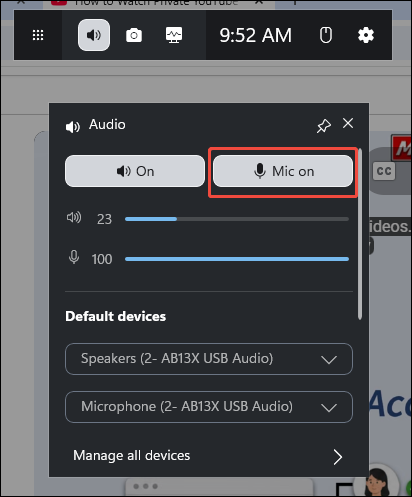 The Xbox Game Bar with the Microphone icon selected under the Audio section.