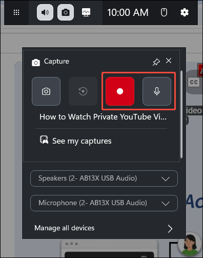 The Xbox Game Bar Capture interface with the Start recording icon and Microphone icon selected.