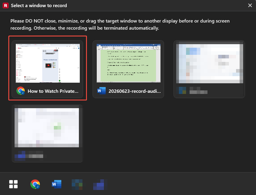 MiniTool Screen Recorder interface with the target browser window selected.
