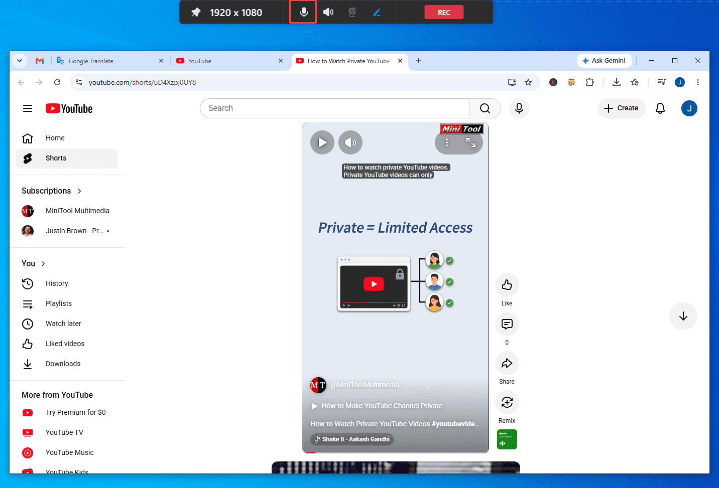 MiniTool Screen Recorder interface with the Microphone icon selected within the floating bar.