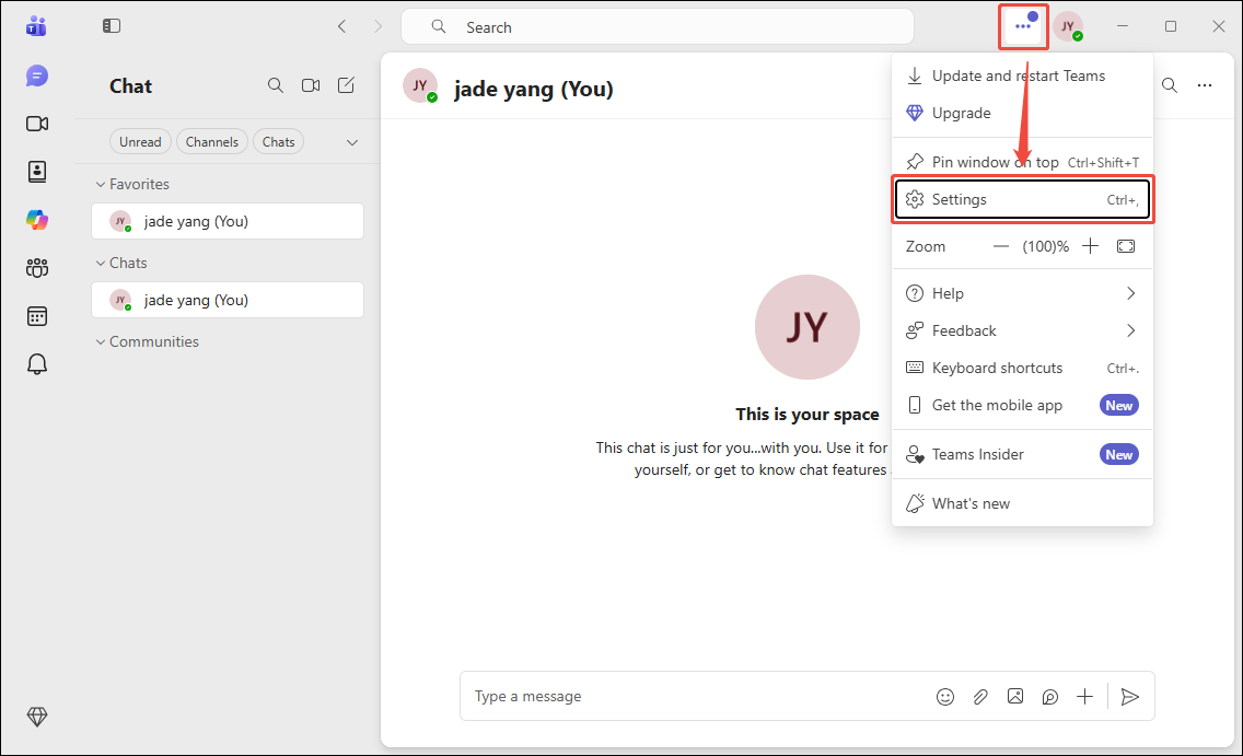 Teams interface with the More options expanded and the Settings option selected.