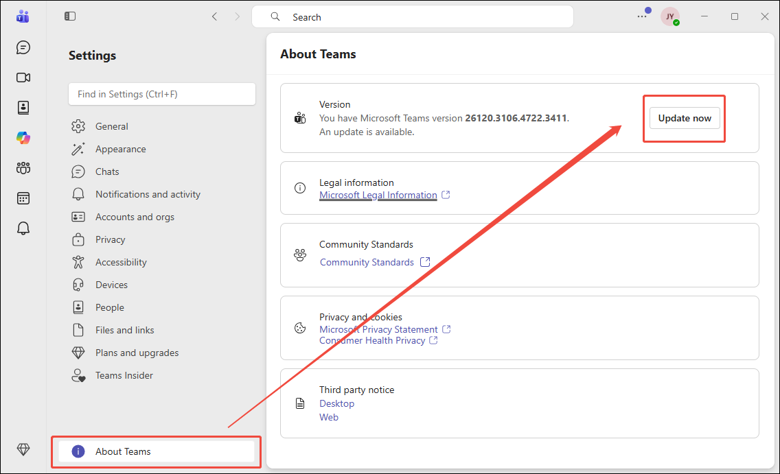 Teams Settings interface showing how to check and update the version under the About Teams section.