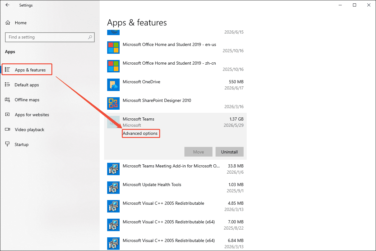 Windows Settings interface with the Advanced options selected within the Microsoft Teams under the Apps and features section.