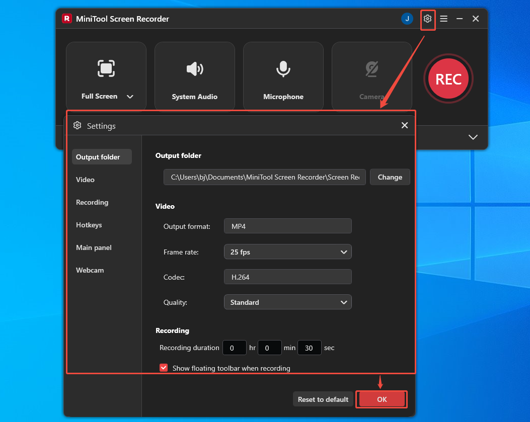 MiniTool Screen Recorder interface showing how to open and adjust the recording settings.