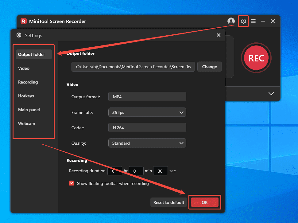 MiniTool Screen Recorder interface showing the process of managing the recording settings.