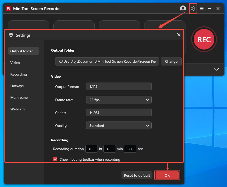 MiniTool Screen Recorder Settings interface showing how to configure the recording settings.