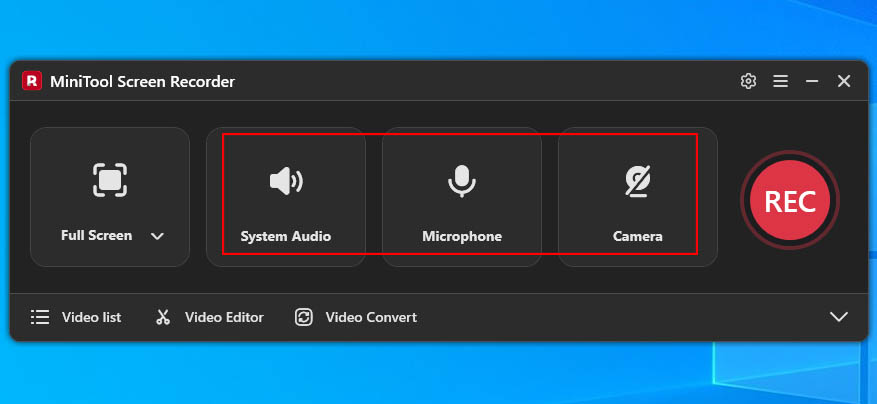 MiniTool Screen Recorder interface with the System Audio and Microphone and Camera icons selected.