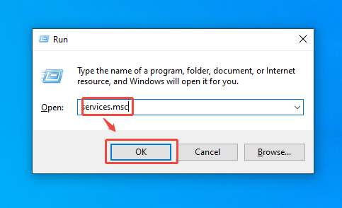 Windows Run dialog box showing how to enter the Services interface.