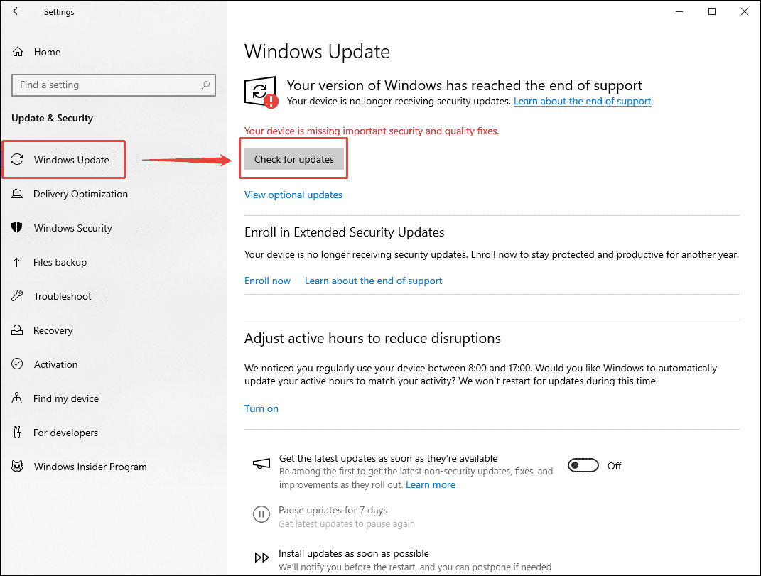 Windows Update and Security interface showing how to check the latest version.