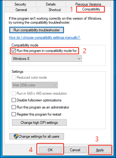 GeForce Experience Properties interface showing how to run it in compatibility mode.