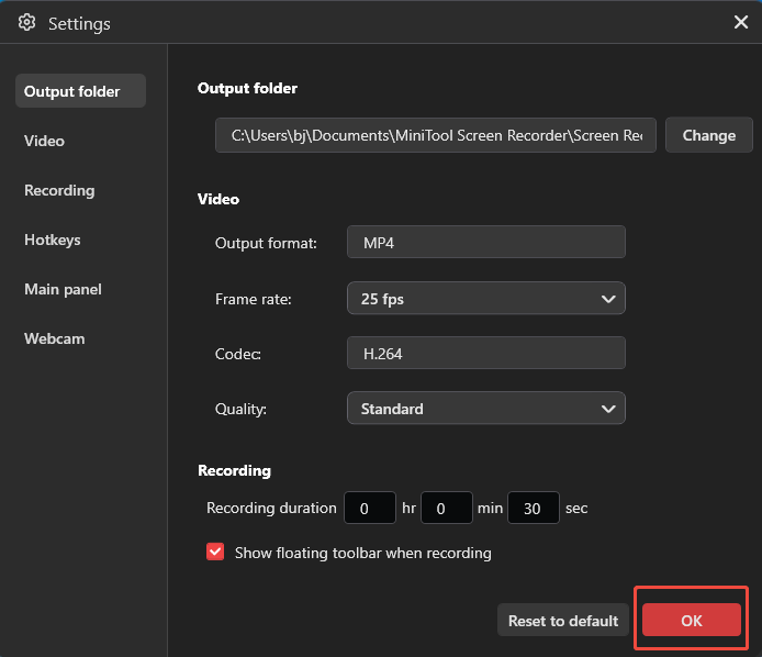 MiniTool Screen Recorder Settings interface with the OK option selected.