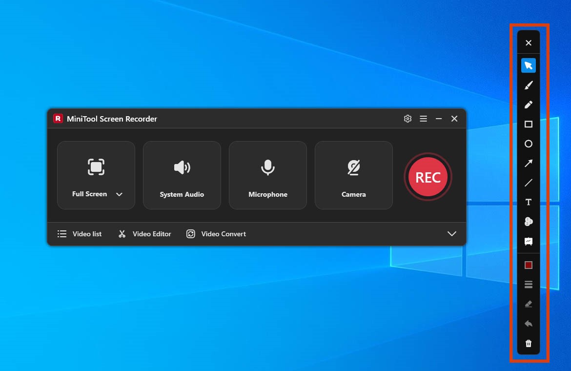 MiniTool Screen Recorder interface with the annotation toolbar selected.