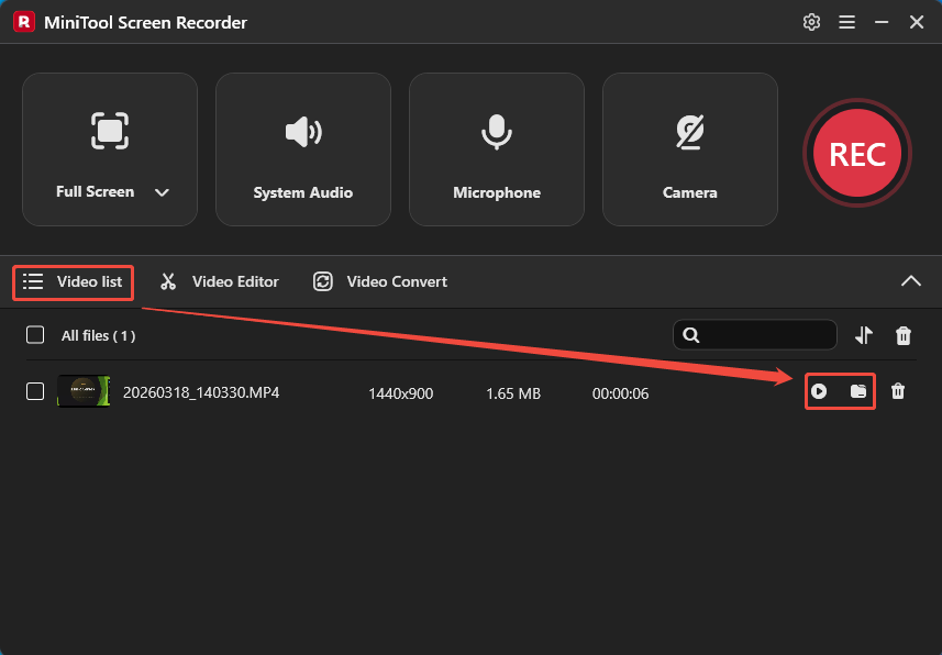MiniTool Screen Recorder interface showing how to play and check the recorded video under the Video list section.