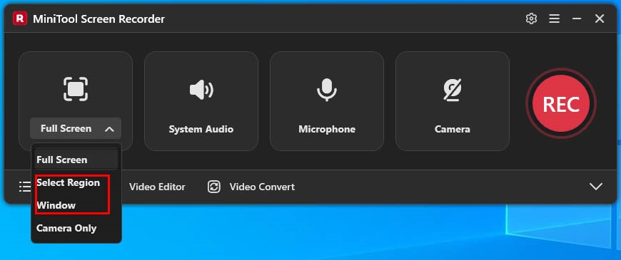 MiniTool Screen Recorder interface with the recording area option expanded and the Window and Select Region options selected.