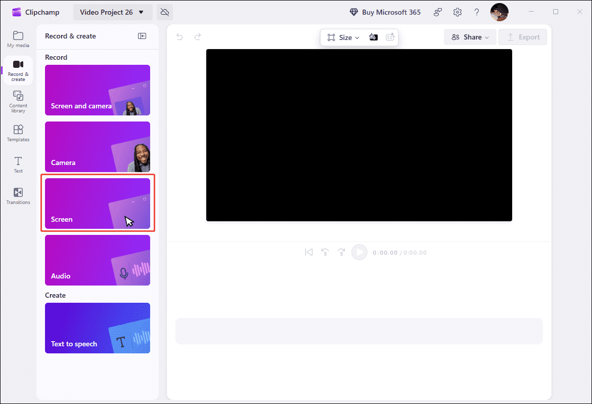 Clipchamp Record and create interface with Screen option selected.