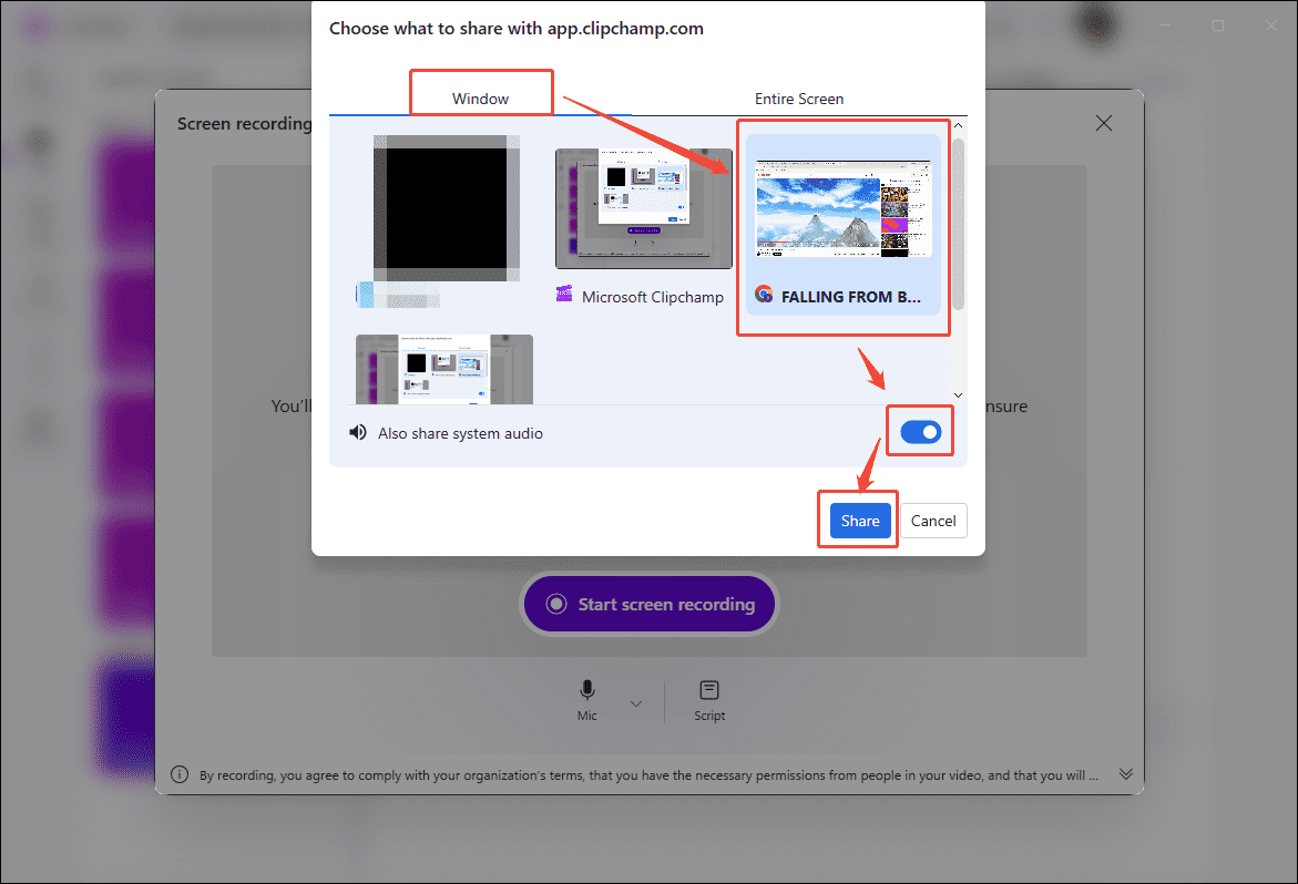 Clipchamp record interface showing how to start recording the VR video.