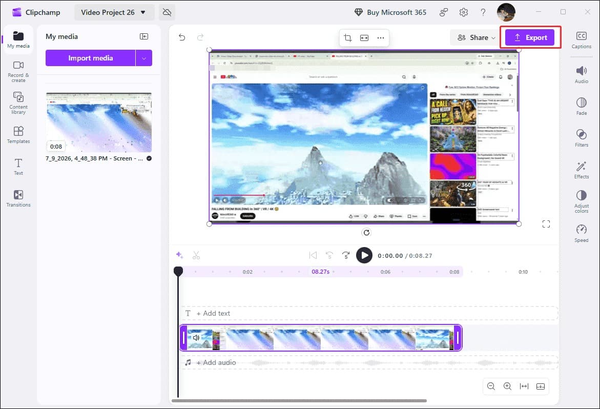 Clipchamp editing interface with the Export option selected.