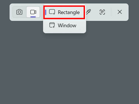 Snipping Tool recording interface with the Recording area option expanded and the Rectangle option selected.