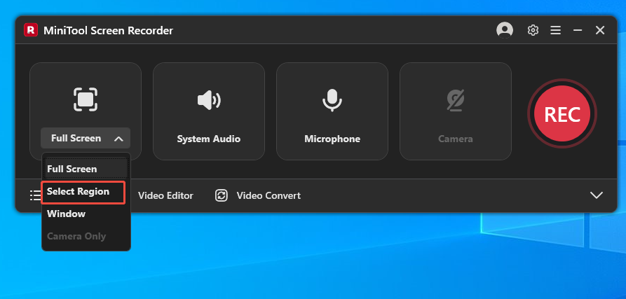 MiniTool Screen Recorder interface with the Full Screen option expanded and the Select Region option selected.