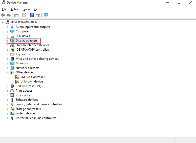 Device Manager interface with the Display adapters option selected.