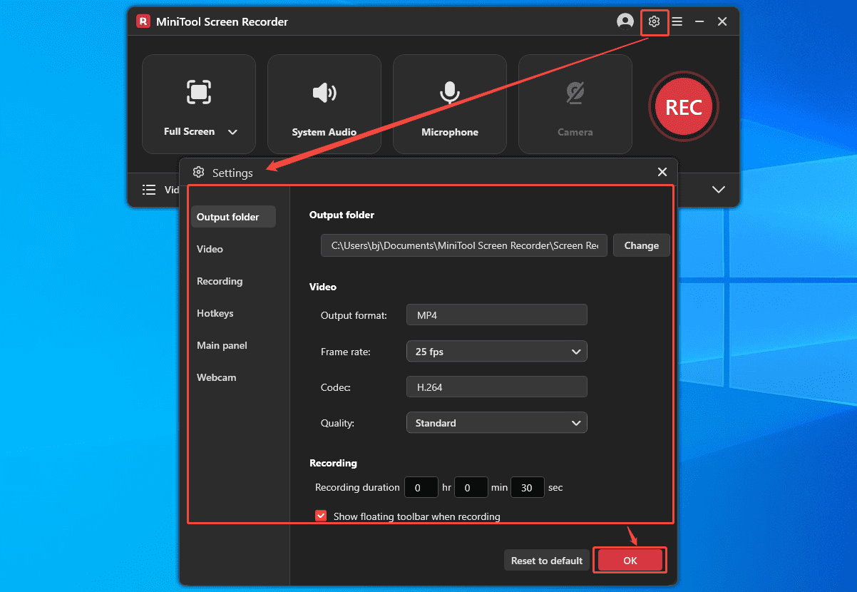 MiniTool Screen Recorder Settings interface showing how to manage the recording settings.