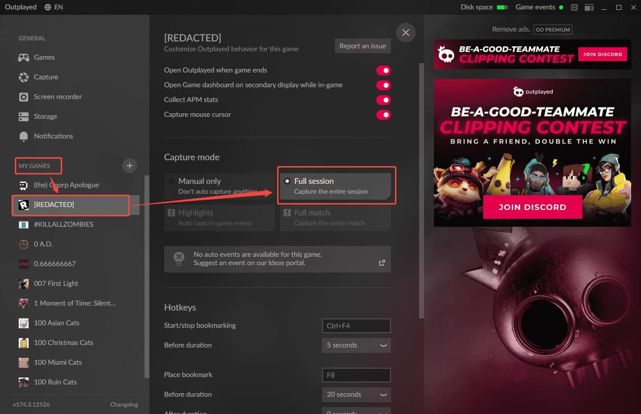 Outplayed Settings interface showing how to enable automatic recording mode under the My Games section.