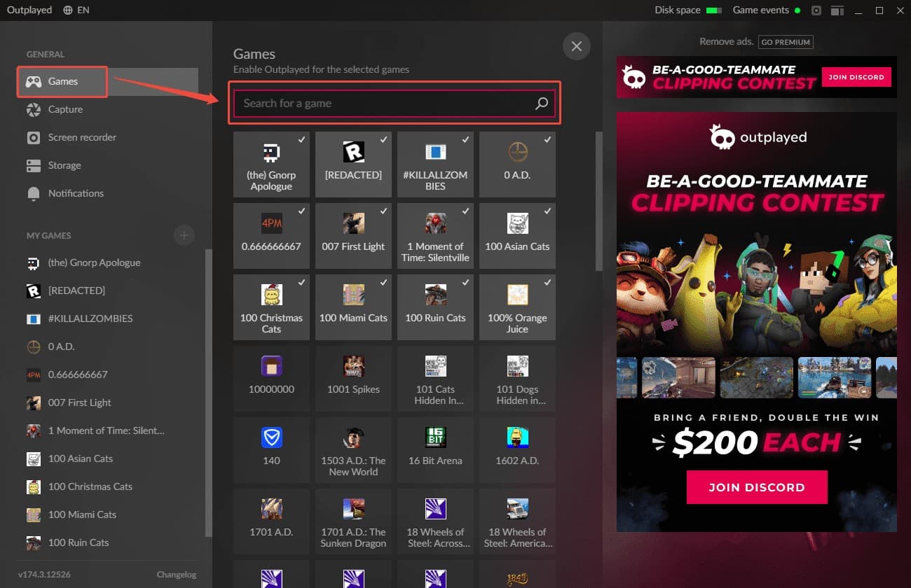 Outplayed Settings interface showing how to check if the game is on the supported list.