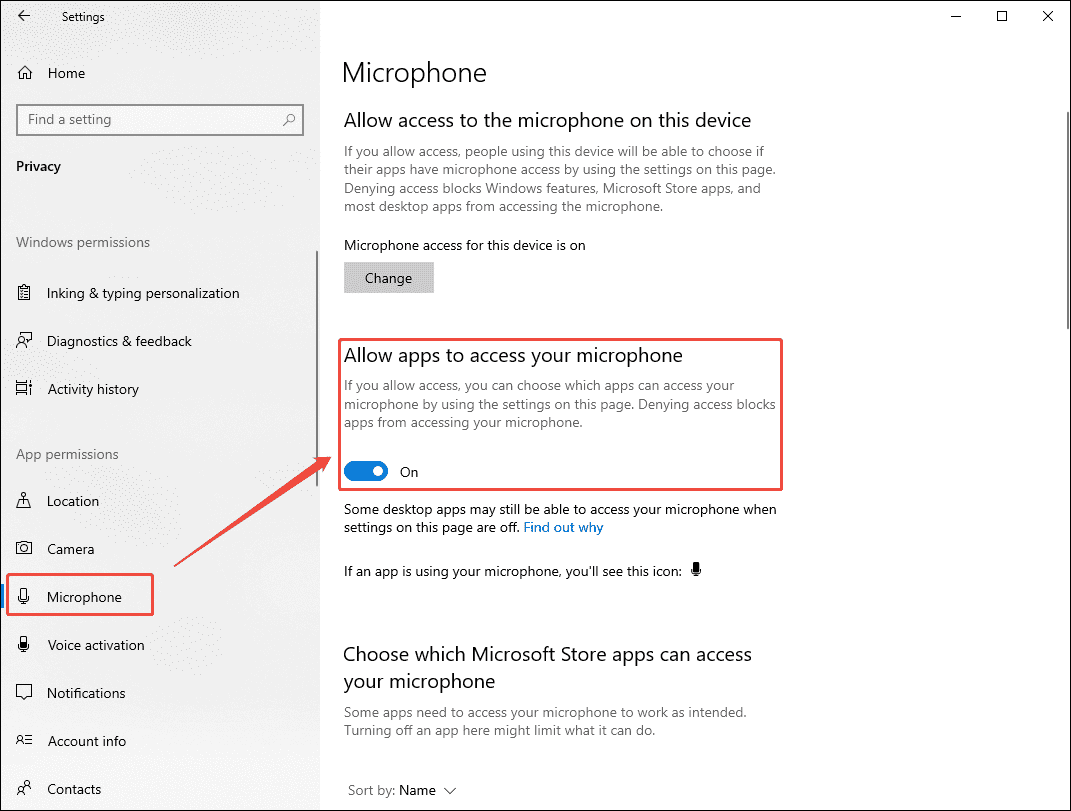 Windows Privacy settings interface showing how to enable the microphone permission under the Microphone section.